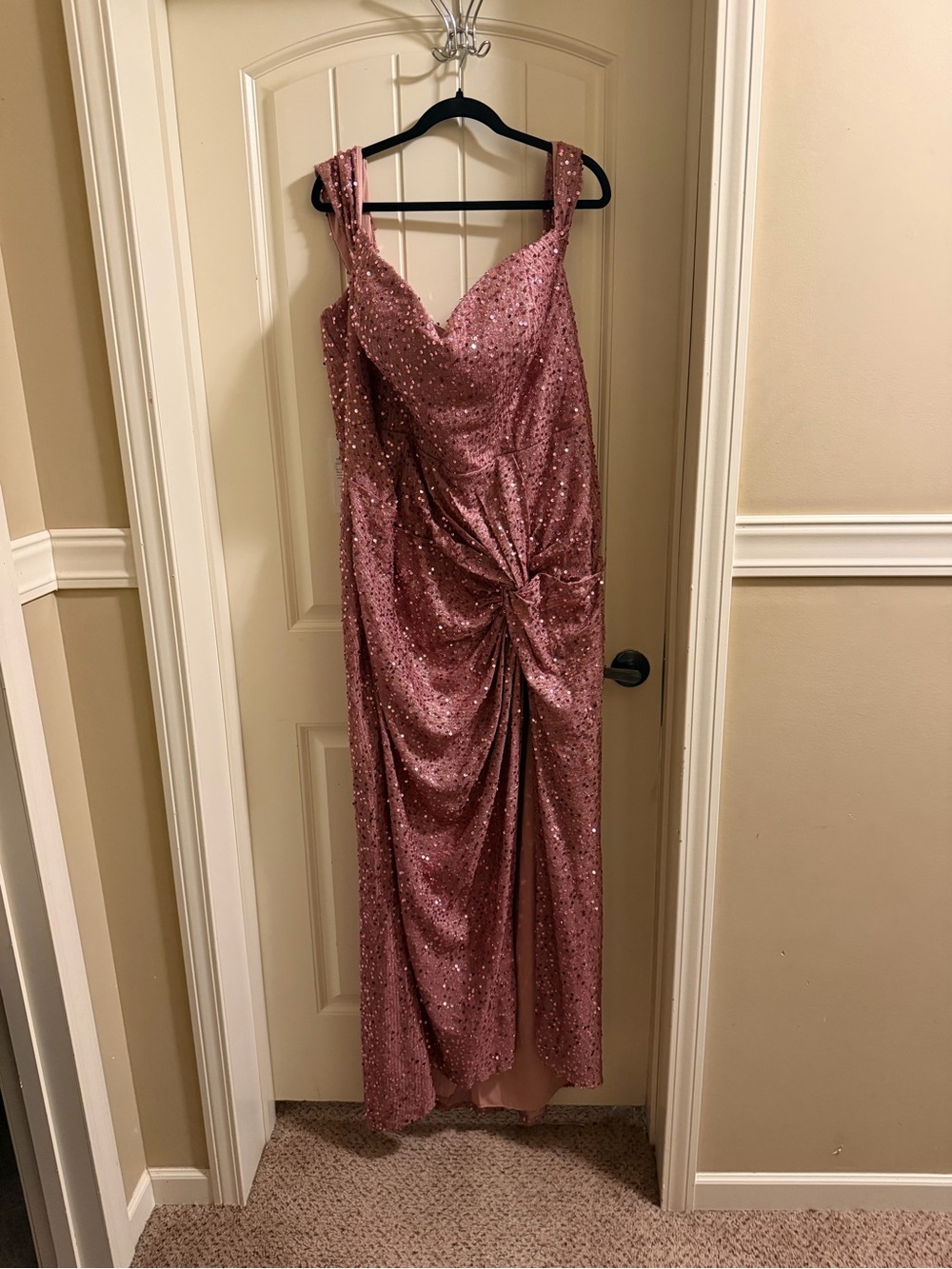 Sequined Rose Pink Evening Gown with Draped Knot